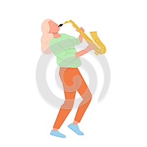Teenager girl saxophonist cartoon musician character playing musical instrument isolated on white