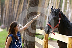 Teenager girl stroke black horse with halter close up summer photo