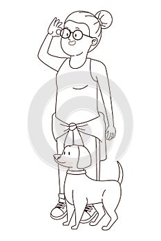 Teenager girl walking the dog cartoon in black and white