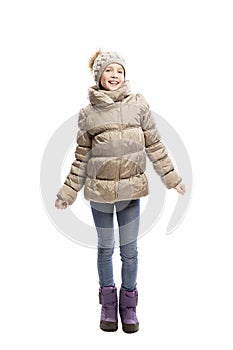 Teenager girl in winter clothes laughing. Isolated over white background.