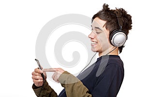 Teenager with headphone use mp3 music player