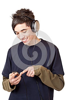 Teenager with headset use mp3 music player