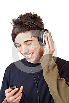 Teenager with headset use mp3 music player