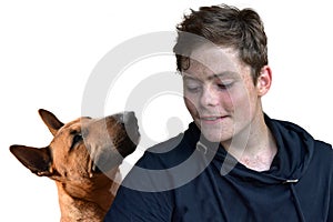 Teenager and miniature bull terrier isolated on white