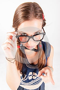 Teenager nerdy girl telling someone off photo