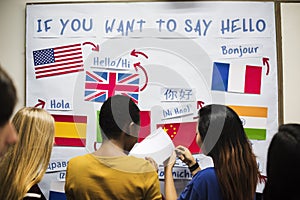 Teenager people at the national flags board