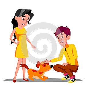 Teenager Petting The Dog In Park Vector. Isolated Illustration photo
