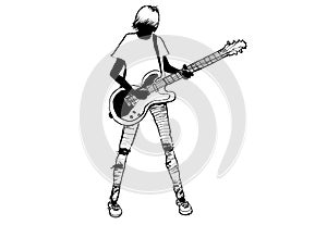 Teen plays electric guitar ink drawing photo