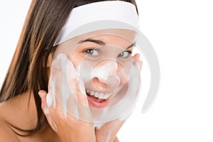 Teenager problem skin care - woman wash face