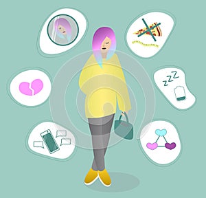 Teenager and problems. Girl with multicolored hair thinking about her troubles. Vector illustration