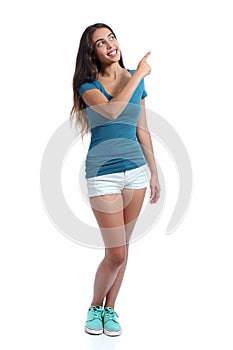 Teenager promoter girl presenting pointing at side photo