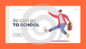 Teenager Pupil Character Jumping Landing Page Template. Happy Student Boy Jump with Rucksack in Hand. Back to School