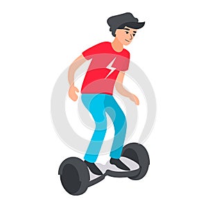 Teenager riding modern electric scooter. Teen on gyroboard. Young boy driving on hoverboard.