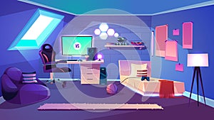 Teenager room on attic cartoon vector interior