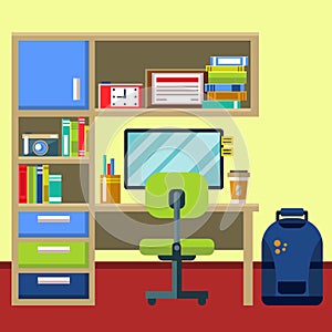 Teenager room interior with furniture icon set. Illustration of modern home office interior with designer desktop