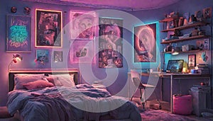 A teenager's bedroom with colorful neon lights and