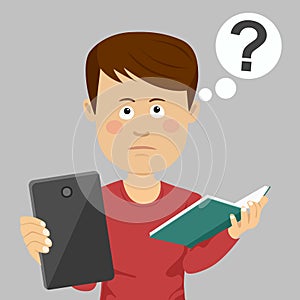 Teenager school boy chosing between tablet and textbook with question mark over his head