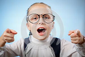 Teenager Schoolgirl In Glasses Shout Point Fingers