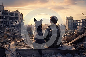 Teenager sitting with a pet, rear view. A boy with a dog against the background of destroyed houses. Concept: childhood amidst war