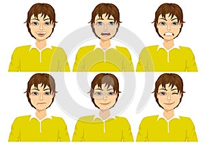 Teenager on six different face expressions set