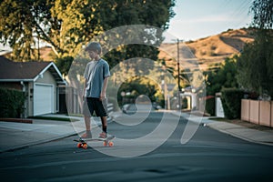 teenager on a skateboard at the bottom of a culdesac