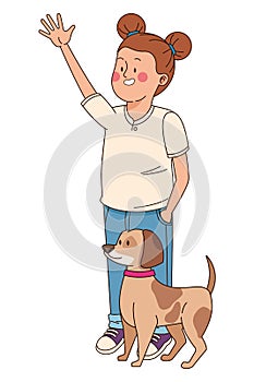 Teenager smiling and walking the dog cartoon