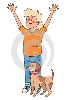 Teenager smiling and walking the dog cartoon