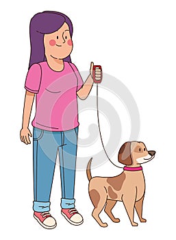 Teenager smiling and walking the dog cartoon