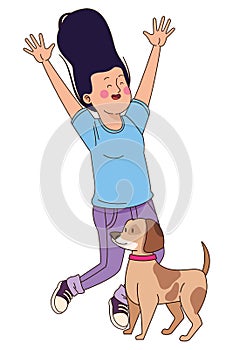 Teenager smiling and walking the dog cartoon