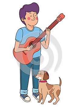 Teenager smiling and walking the dog cartoon