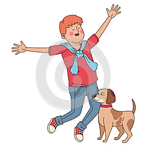 Teenager smiling and walking the dog cartoon