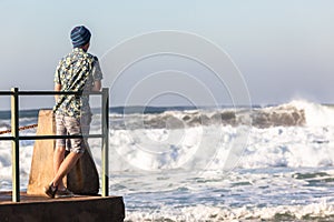 Teenager Standing Tidal Pool Ocean Waves