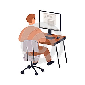 Teenager student at computer desk. School boy, pupil studying at desktop, PC, sitting on chair at table, learning