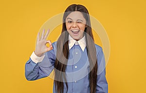 teenager student has winking face. all is ok. teenager school girl in uniform show ok. portrait of teenager girl. girl