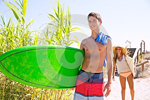 Teenager surfers waling to the beach