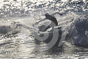 Teenager surfing at the wave in tenerife playa de las americas - white and black wetsuits and beautiful and small wave