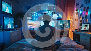 Teenager Surrounded by Bright Screens in a Dim Bedroom