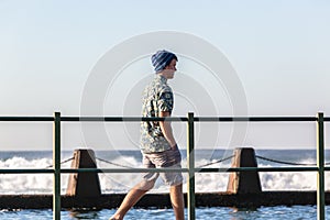 Teenager Walking Tidal Pool Ocean Waves