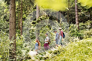 Teenagers with backpacks hiking in forest. Summer vacation. photo