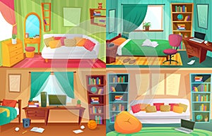 Teenagers bedroom. Student cluttered room, teenager college house apartment and home rooms furniture cartoon vector