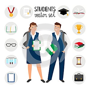 Teenagers college students. Young student people vector illustration, teenage boy and girl with school clothes and photo