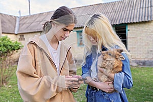 Teenagers with decorative rabbit in hands talking and looking at smartphone