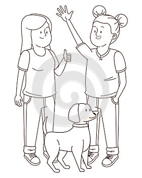 Teenagers friends smiling and having fun cartoon in black and white