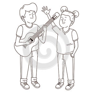 Teenagers friends smiling and having fun cartoon in black and white