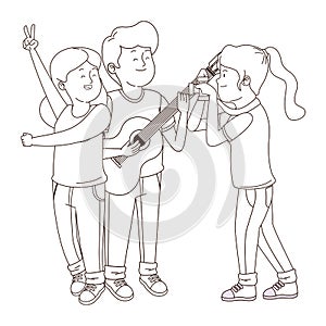 Teenagers friends smiling and having fun cartoon in black and white