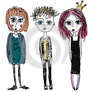 Teenagers group. Fashion young skinny girls and boy, sketch style. Doodle illustration of punks