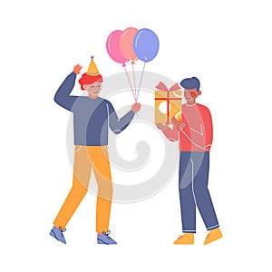 Teenagers Having Fun at Birthday Party, Boy Wearing Party Hat Holding Bunch of Colorful Balloons, Another Boy Standing