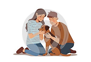 Teenagers hug a dog. Isolated on white background. Flat illustration for animal shelters