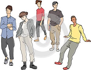 Teenagers people youngsters minimal hand drawing with different poses colored