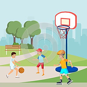 Teenagers Playing Basketball, Boy Roller Skating